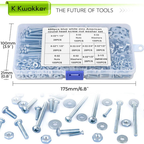 Top Shelf Assorted Hardware Kit For Cabinets And Drawers Featuring Dead Simple Phillips Pan Head Screws Mixed Jumbo Box Of Bolts Nuts And Washers In Silver Bright Finish For No Sweat Quick Fixes, 650 pcs in a storage box.