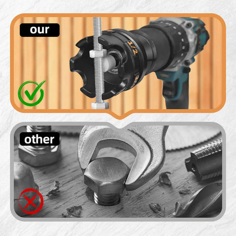 Heavy Duty Threaded Rod Nut Driver mounts directly to power drills; image comparison with traditional wrench tool usage.