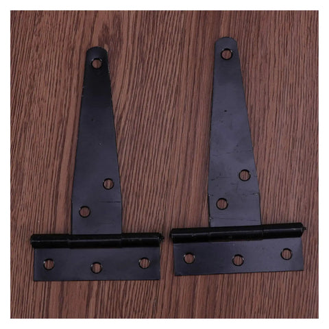 Close-up of Heavy Duty Black Flat T Hinge Set for Barn Doors on wooden surface, corrosion resistant, 12 pack
