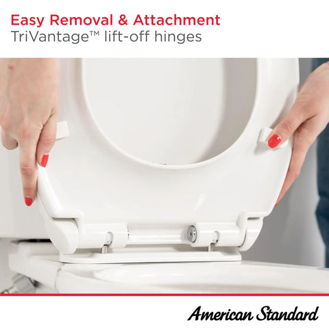 Traditional Luxury Elongated Toilet Seat With No Slam Soft Close, showing TriVantage lift-off hinges for easy removal.