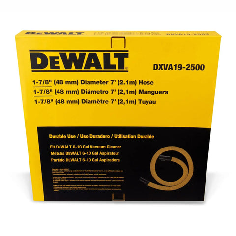 Box of Beefy 7 Foot Vacuum Hose 1 7 8 Inch For Shop Vacs With Locking Tab, yellow packaging, product code DXVA19-2500 visible.