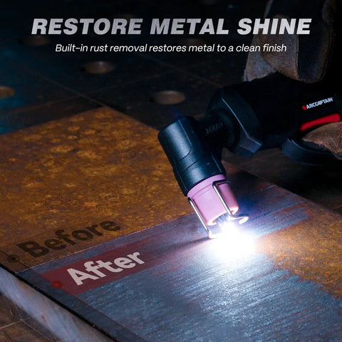 60 Amp Plasma Cutter With Non-Touch Pilot Arc, Dual Voltage 110V 220V in action, showing rust removal on metal plate
