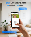 Person using Top Shelf 4K PoE Security Camera Quad Pack app for two-way audio, capturing 8MP footage of a child outside.