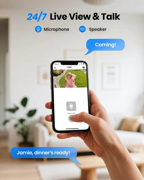 Person using Top Shelf 4K PoE Security Camera Quad Pack app for two-way audio, capturing 8MP footage of a child outside.