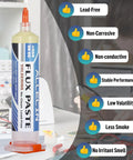 No Clean Soldering Flux 559 30cc 30mL Paste with easy push design and benefits icons for electronics maintenance