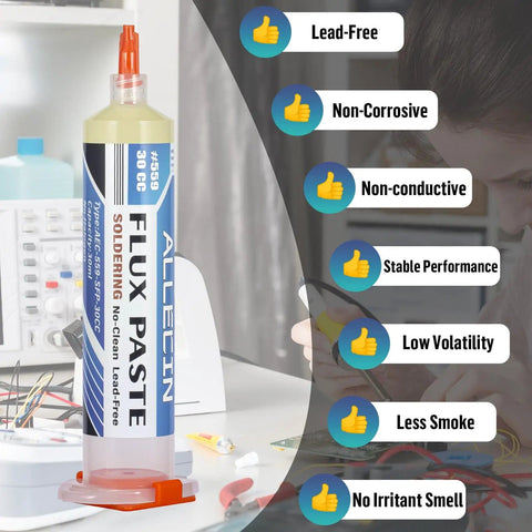 No Clean Soldering Flux 559 30cc 30mL Paste with easy push design and benefits icons for electronics maintenance