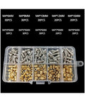 Copper Insert Nut And Bolt Set For M2.5 M3 M4 With Knurled Threads, 260-Piece All-in-One Handy Maintenance Kit, Everyday General Hardware For Quick Fixes, Solid Copper Build For Stable Fit showing M4 screws and copper inserts in organizer case