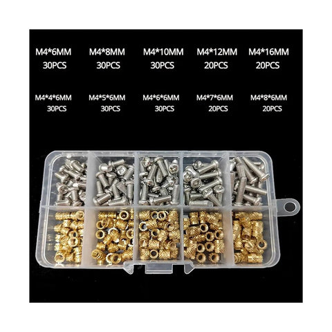 Copper Insert Nut And Bolt Set For M2.5 M3 M4 With Knurled Threads, 260-Piece All-in-One Handy Maintenance Kit, Everyday General Hardware For Quick Fixes, Solid Copper Build For Stable Fit showing M4 screws and copper inserts in organizer case