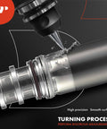 Close-up of machining process on a metal component with a precision cutting tool creating smooth surface shavings.