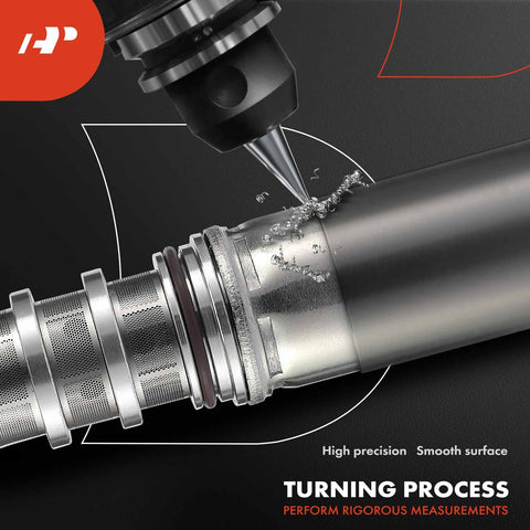 Close-up of machining process on a metal component with a precision cutting tool creating smooth surface shavings.