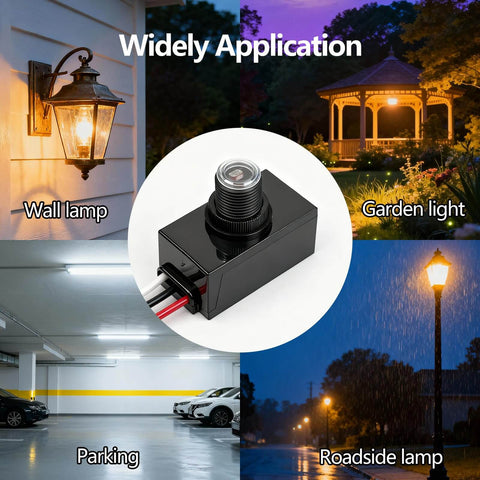 2 Pack Dusk To Dawn Photocell Light Sensor Outdoor Lighting Control Switch Black for garden, wall, parking, and roadside lighting.