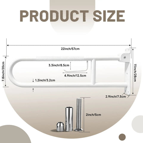 Top Shelf 22.5 Inch Toilet Grab Bar U Shaped Flip Up Safety Rail dimensions with mounting hardware shown.