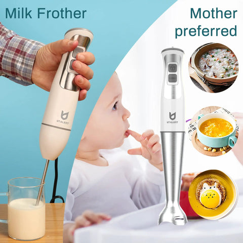 Immersion Hand Blender 3-in-1, 8-Speed Stick Blender with Milk Frother and Egg Whisk, shown frothing milk next to a child