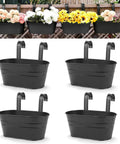 Four Pack Hanging Flower Pots, Metal Iron Wall Planter for indoor and outdoor use with detachable hooks and drainage holes.