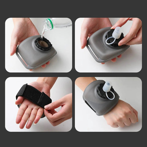 Hydration On The Wrist On The Go 200ml Silicone Leakproof Wearable Bottle with hand strap being used and demonstrated