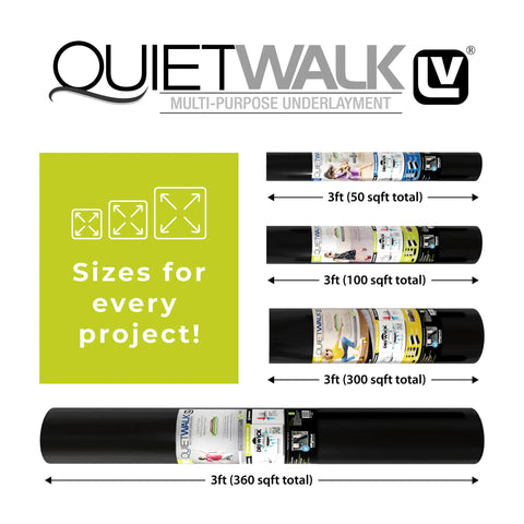 Heavy Density Sound Dampening Underlayment Roll For Luxury Vinyl Plank Flooring kills room echo, showcasing various sizes on rolls.