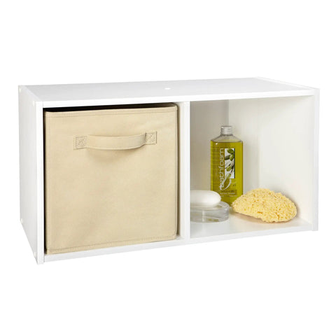 Cubeicals 2 Cube Storage Shelf Organizer for Books, Clothes and Decor with beige fabric drawer, white wood finish