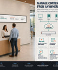 Huge 43 Inch Ultra Wide Digital Signage Display For Retail Shelves Flawlessly Combines Killer Clarity With Hella Bright 700 Nit Output And Dead Simple Plug And Play Shelf Setup For Your Store showing content management interface.