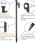 Diagram of Eight Pack Heavy Duty Tent Stakes 12 Inch Steel Pegs For Camping Durable Steel Tent Pegs Unbreakable And Inflexible In Ground Corrosion Resistant Set Of 8 For Rocky Ground And Windy Campsites, showing dimensions and features like enlarge nails cap, quick hang hole, hanging hole size, and upgrade design.
