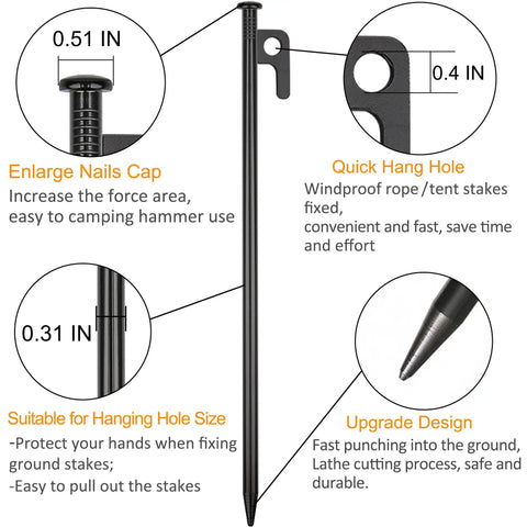 Diagram of Eight Pack Heavy Duty Tent Stakes 12 Inch Steel Pegs For Camping Durable Steel Tent Pegs Unbreakable And Inflexible In Ground Corrosion Resistant Set Of 8 For Rocky Ground And Windy Campsites, showing dimensions and features like enlarge nails cap, quick hang hole, hanging hole size, and upgrade design.