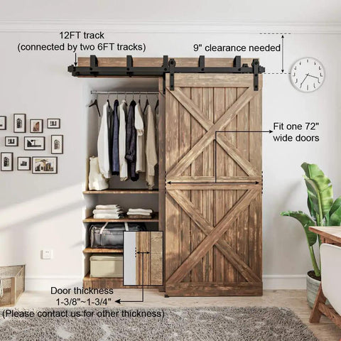 Heavy Duty Metal Sliding Barn Door Hardware Kit For Bypass Systems, 4Ft To 16Ft Rail, Wall Mount Bracket For Double Wooden Doors, Frosted Black Carbon Steel, Fireproof, Waterproof, Rustproof, Easy Install