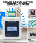 No Sweat Thermal Time Clock For Small Business Crews, Truly No Ink Ribbons Or Network Needed, Drop In Ready Staff Punch Clock With Fifty White Time Cards Included on a table.
