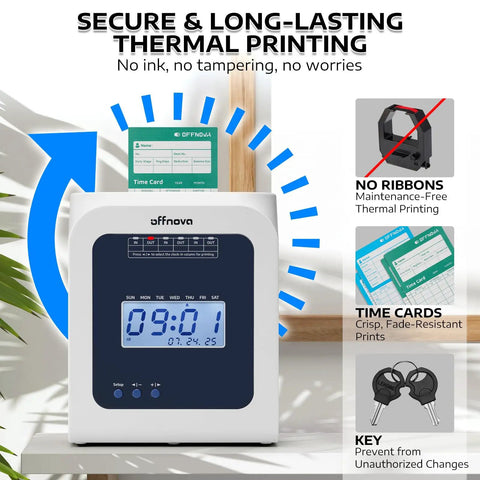 No Sweat Thermal Time Clock For Small Business Crews, Truly No Ink Ribbons Or Network Needed, Drop In Ready Staff Punch Clock With Fifty White Time Cards Included on a table.