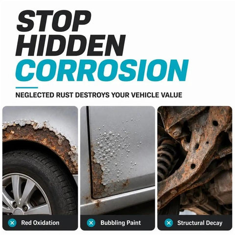 Three close-up images showing rust issues: red oxidation on wheel, bubbling paint on door, structural decay undercarriage.