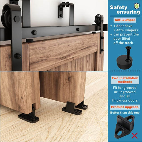 Close-up of Double Track Bypass Sliding Barn Door Hardware Kit For Two Doors With J Shape Hanger 6.6 Foot Rail Low Ceiling Friendly