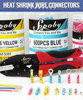 All In One Heat Shrink Wire Connector Kit 210Pcs Includes 135 Pcs Crimp Butt Connectors And 75 Pcs Solder Seal Connectors 26 To 10GA Waterproof Assorted Electrical Wiring Kit For Auto And Home Use With Copper Core Tubing with crimping tool and colorful connectors.