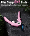 6.9 Inch Bypass Pruning Shears With Sharp SK5 Steel Blade For Roses, Plants And Flowers, pink handle on stone surface