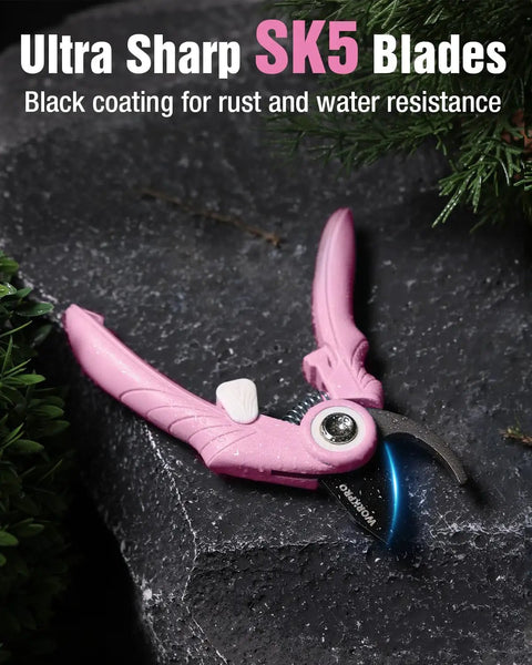 6.9 Inch Bypass Pruning Shears With Sharp SK5 Steel Blade For Roses, Plants And Flowers, pink handle on stone surface