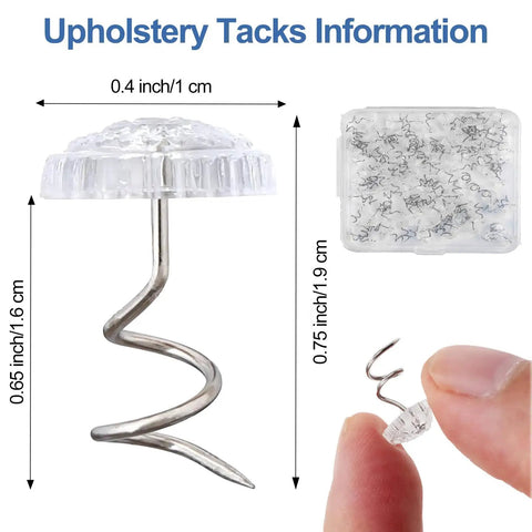 Sixty Premium Upholstery Tacks Keep Slides In Check With Zero Slipping Slick Twist Pins shown with sizes and clear cap details.