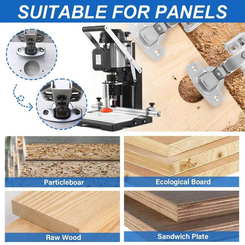 Front view of 1100W manual hinge drilling machine for woodworking, 2840 RPM, 0–40mm boring depth