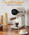 Compact Semi Automatic Espresso Machine With 20 Bar Pressure Built In Steam Milk Frother And Touchscreen Controls in kitchen.