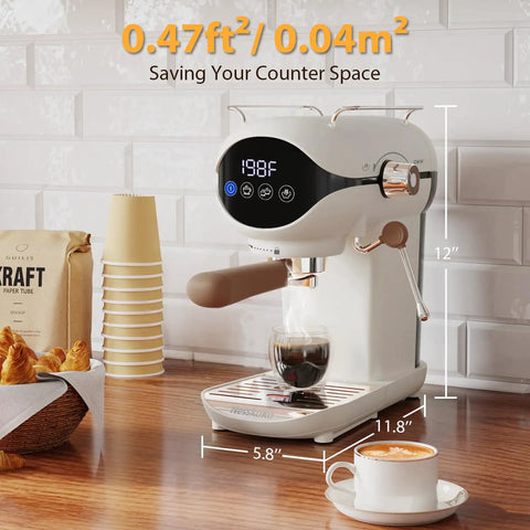 Compact Semi Automatic Espresso Machine With 20 Bar Pressure Built In Steam Milk Frother And Touchscreen Controls in kitchen.