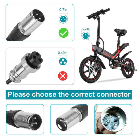 42V 2A Lithium Battery Charger For 36V E Bikes And Scooters With 3 Pin XLR Connector showing correct plugs and bike