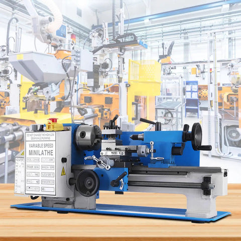 Badass Mini Metal Lathe 7X12 Inch Bench Top Machine With 550W Variable Speed Motor 2250RPM on workspace with industrial background.