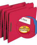 Letter Size Red Fastener Folders With Heavy Duty Embedded Straps And Assorted One Third Cut Tabs For Hustle Free Filing And Crisp Office Archiving Pack Of Fifty showing reinforced tab and clips.