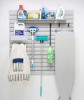 EasyWall Slatwall Kit Light Gray DIY Friendly One Person Install With Level And Cordless Screwdriver Expandable With Additional Kits Configurable Garage Storage System Made In USA displaying laundry and cleaning supplies.