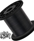 Heavy Duty 304 Stainless Steel Wire Rope Cable 7x7 Core Black Vinyl Coated Outdoor Guide Wire For String Lights And Clotheslines Overmolded From 1/16 Inch To 3/32 Inch 100 Ft with spool and connectors