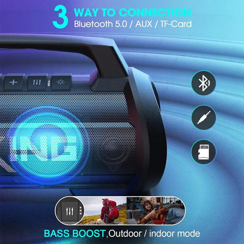 Close-up of controls and connections on Party-Ready 120W Bluetooth Speaker with IPX6 Waterproof Build, showing Bluetooth, AUX, TF Card options.