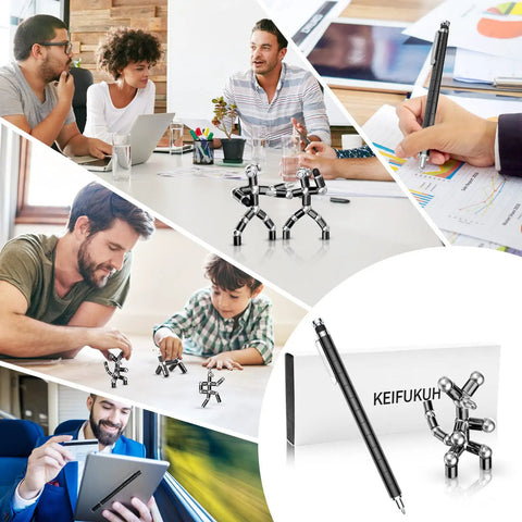 Fidget Gel Pen Gift For Men With A Dope Playful Twist And Practical Use, shown with modular steel tubes and office scenes.