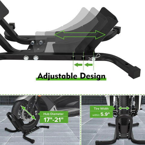 Heavy Duty Motorcycle Front Wheel Chock Hella Sturdy 1500 Lbs Capacity Fits 17 To 21 Inch Tires Black Steel Garage Stand Built Tough For Rock Solid Parking Essential Rider Tool