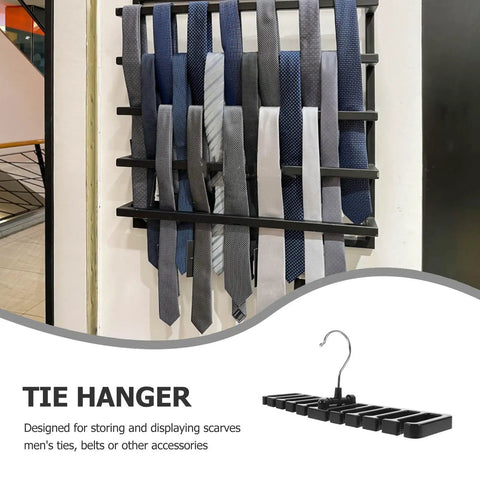 Set Of 2 Black Mens Belt And Tie Hangers To Keep Your Closet Swag On Point displaying various ties on a heavy-duty wall mount rack.