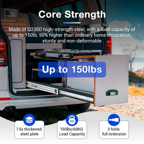 Heavy Duty Full Extension Drawer Slides 14 Inch 150 Lb Capacity Side Mount Cabinet Runners Built Different Steel Track For Dressers With Deadset Smooth Glide Operation 1 Pair Without Lock Extra Durable in a vehicle.