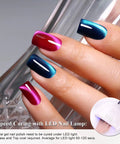 Manicured nails with Two Color Cat Eye Magnetic Gel Polish Set 10ml Each In Deep Teal Blue And Fuchsia Rose Red