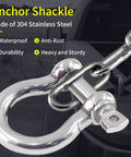 Close-up of a 304 stainless steel screw pin anchor shackle connected to a chain, highlighting durability and strength features.