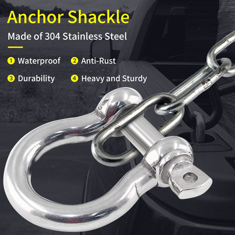 Close-up of a 304 stainless steel screw pin anchor shackle connected to a chain, highlighting durability and strength features.