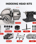 Rock Solid Three Jaw Chuck And Precision Dividing Head Kit With Smooth Rotary Indexing Table And Heavy Duty Tailstock For Top Shelf Milling Machines Featuring Easy Swap Plates And 90 To One Reduction Ratio For Killer Precision Cuts including indexing head, tailstock, and various accessories.